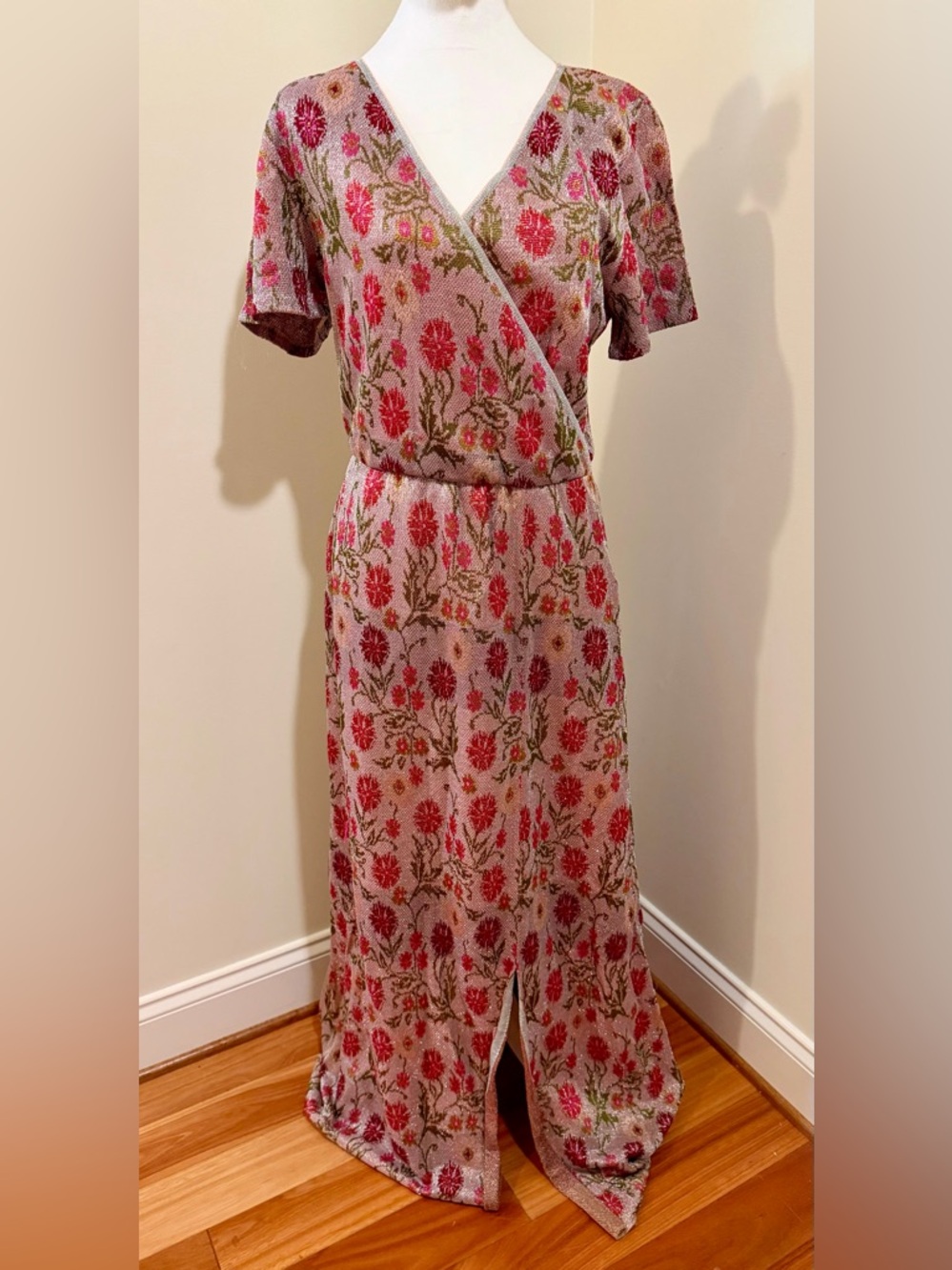 Anthropologie Pink Floral Maxi Dress with Red Blooms